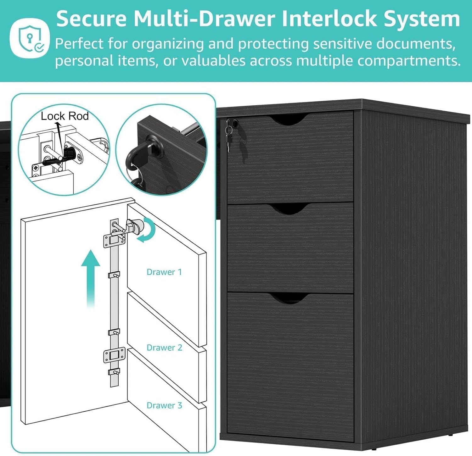 Diagram illustrating the secure multi-drawer interlock system with a key and lock rod mechanism.