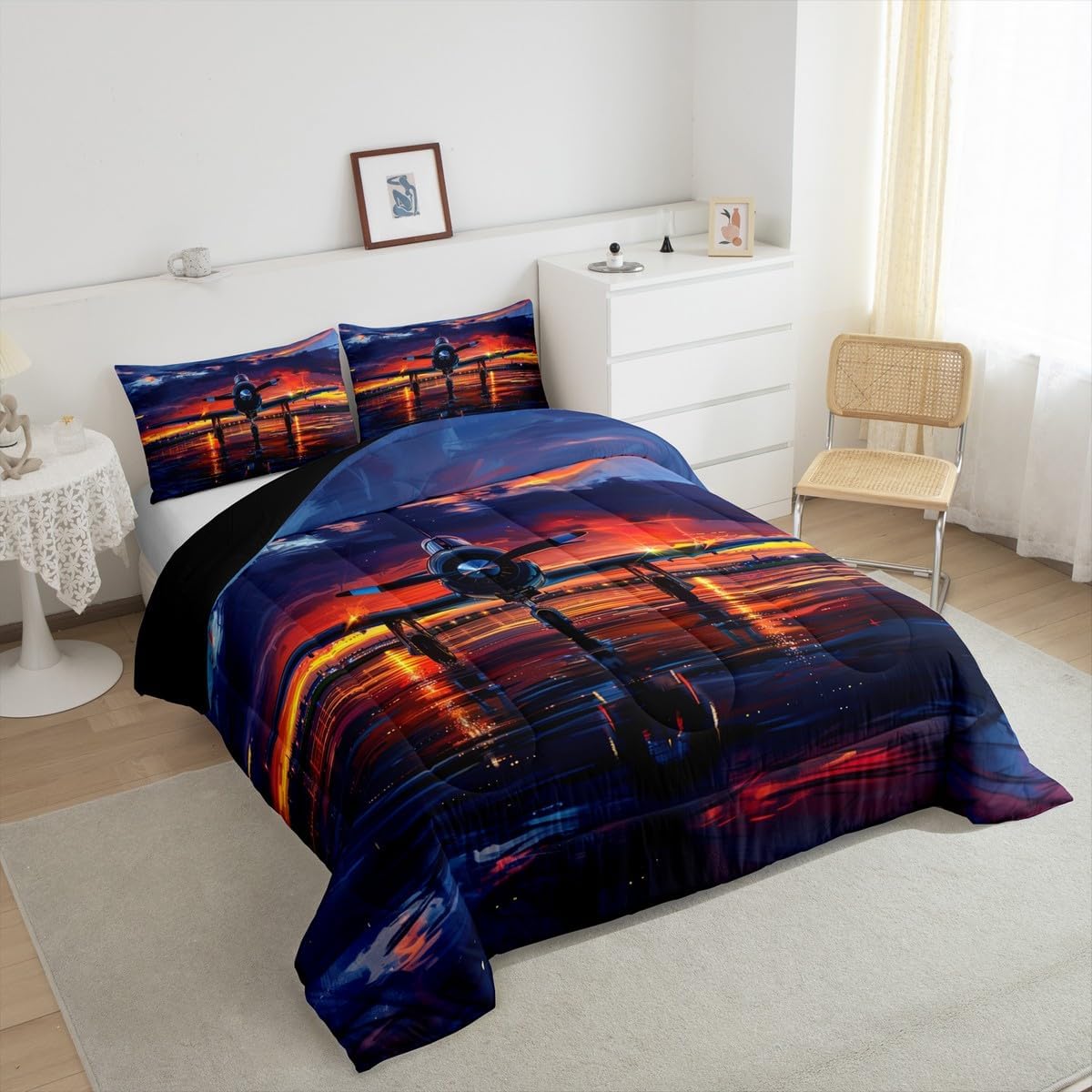 Kids Aircraft Comforter Set Twin,Watercolor Sunset Airplane Bedding Set 2 Pcs for Boys Girls,3D Airport Aircraft Quilted Duvet for Kids Room Decor,Military Plane Duvet Insert,1 Pillowcase image 5