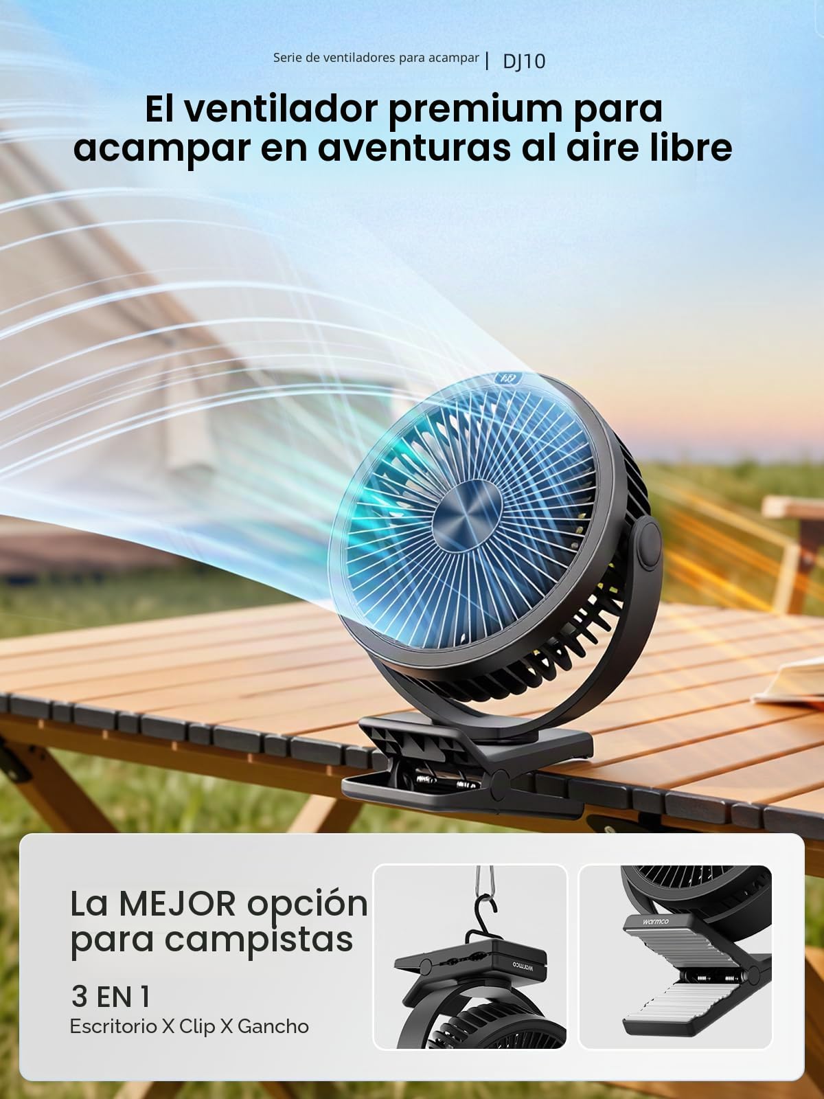 Warmco DJ10 10000 mAh Clip Ventilador con rotación de 720° para camping