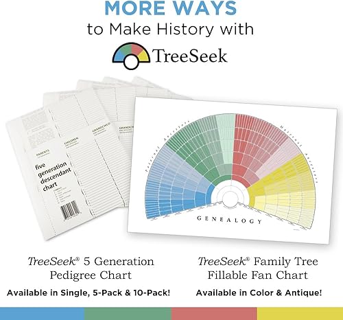 Miniatura 5 de TreeSeek® Gráfico de pedigrí de 15 generaciones | Paquete de 5 | Formularios genealógicos en blanco para historia familiar y trabajo de ascendencia