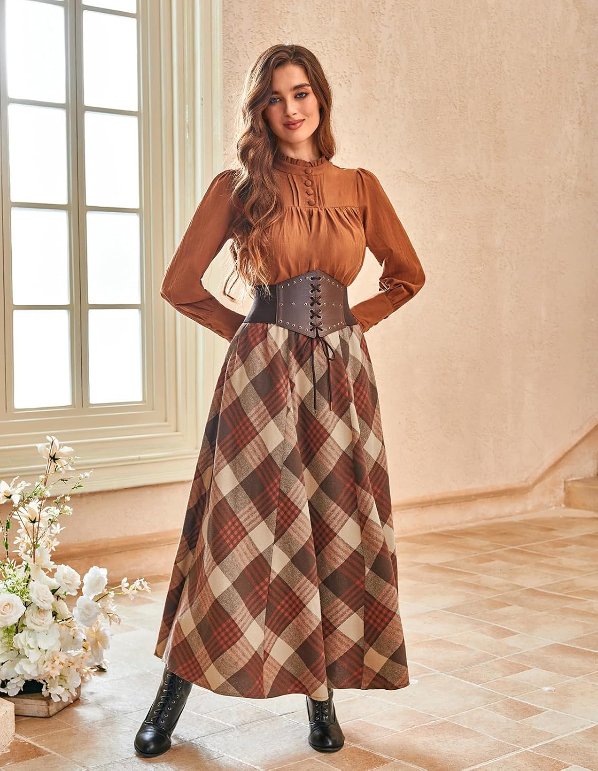 Scarlet Darkness Long Plaid Skirts for Women High Waist A Line Pleated Fall Maxi Skirts - Image 2