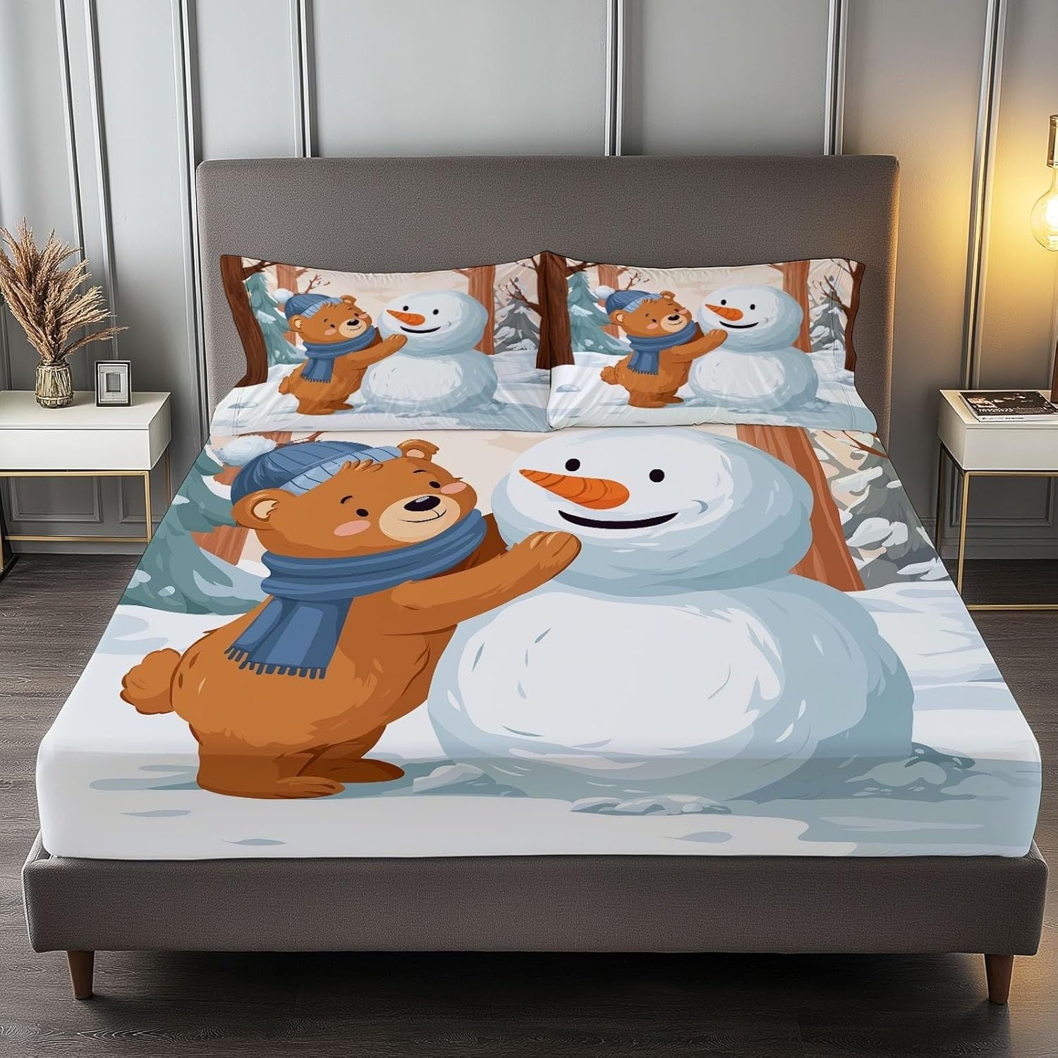 Bear Small Double Fitted Sheet Snowmen Bed Sheets Deep Pocket 12 inch (30 cm) Soft Cozy 3 Piece Microfibre Bed Sheet 120x190 cm with 2 Pillowcases 50x75 cm