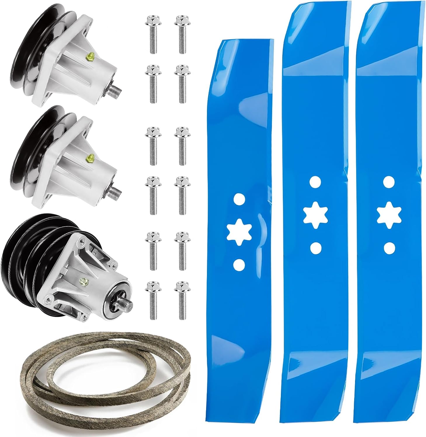 46 inch Deck Blade Spindle Belt Rebuild Kit for MTD White Huskee Yard Machines LT946G LT546G 4600H LX460 LX465 LX466, Spindle 918-0240 918-04134, Blade 942-04124 942-04125, 1/2" x 79" Belt 954-0349