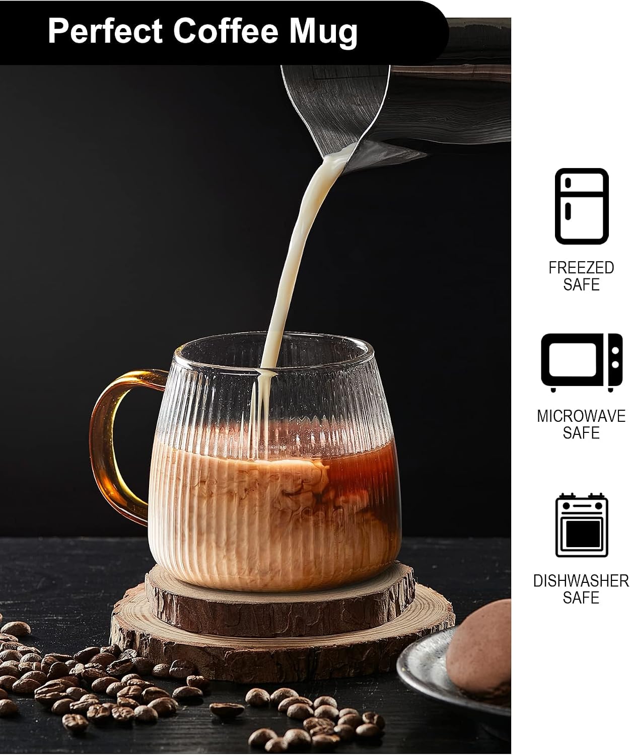 Premium Unique Glass Coffee Mugs Set of 2 Fancy Cups with Stylish Vertical Stripes Pattern - Light Yellow Handle (Clear) image 5