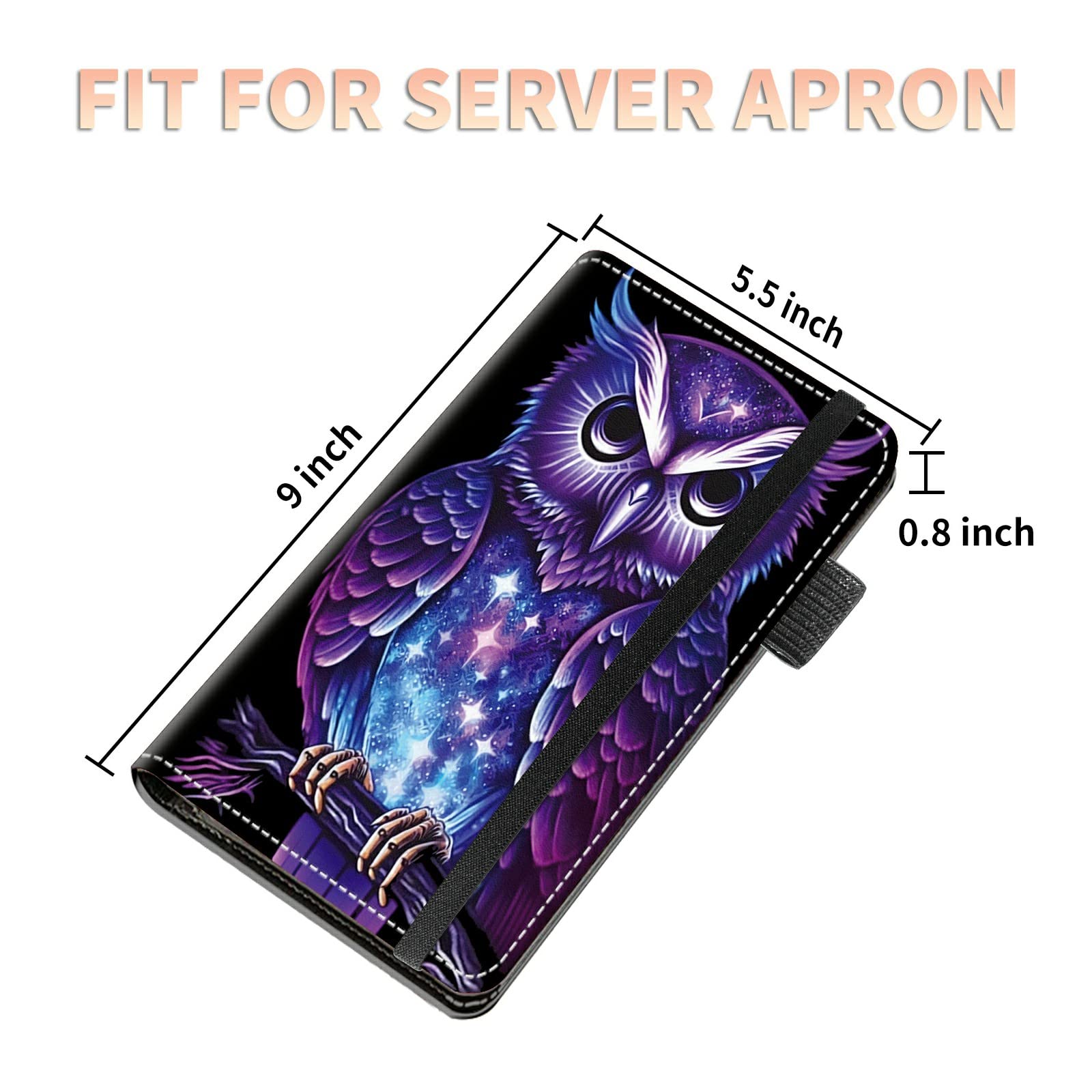 High Volume Server Books, Purple Owl Server Book w/ 2 Expandable Pockets 9 x 5 Cute Waitress Book Zipper Pocket & Strap Closure Waitstaff Organizer Server Booklet Waiter Money Wallet