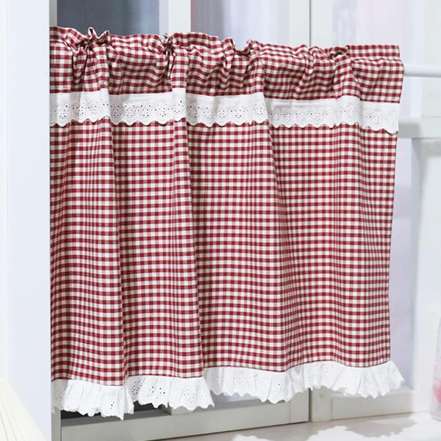 Farmhouse Kitchen Curtain Cotton Linen Plaid Valance, Blackout Short Tier Curtains Rural style Window Treatment Rod Pocket, for Cupboard/Door frames/Small Windows ( Size : W250xH50cm/98.4x19.6in )