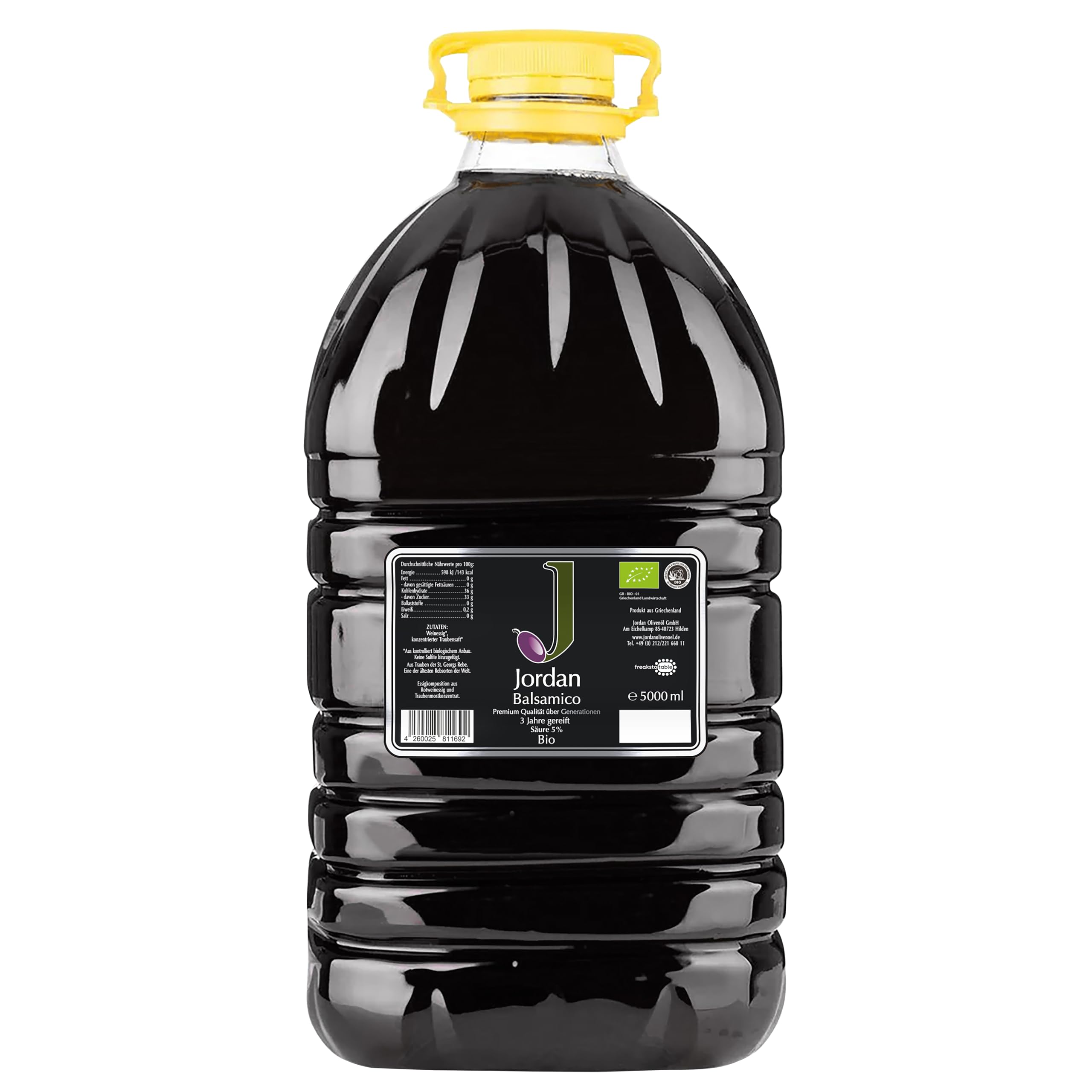 Jordan Olivenöl Bio Balsamico Essig – 3 Jahre im französischen Eichenfass gereift, Agiorgitiko, ohne Zusatzstoffe & zugesetzte Sulfite, vegan, GR-BIO-01 – 5000 ml Kanister