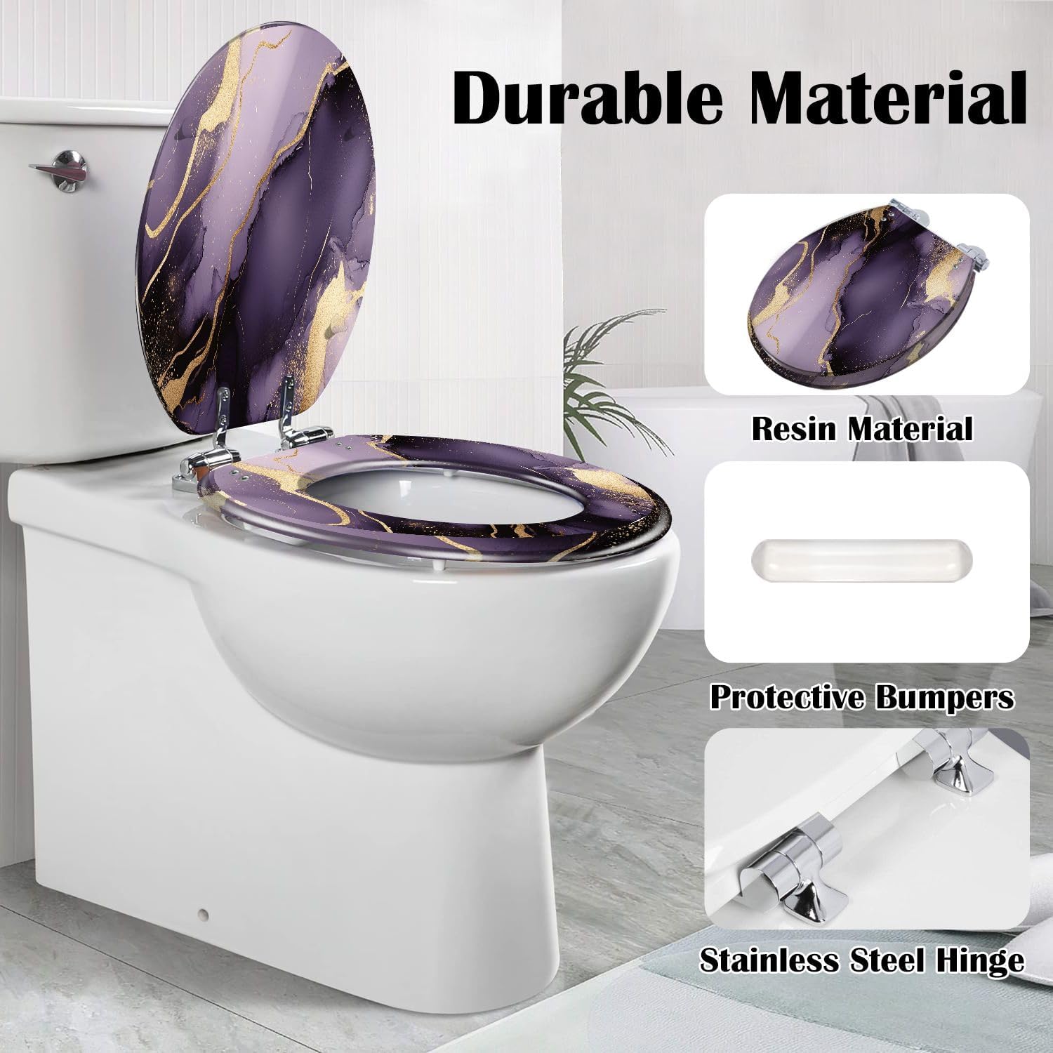 Elongated Toilet Seat Purple marble gold stripes alcohol ink Luxury violet black watercolor Resin Toilet Seat Slow Quiet Close Lid with Quick-Release Hinges Cover Bumpers Easy to Clean Install