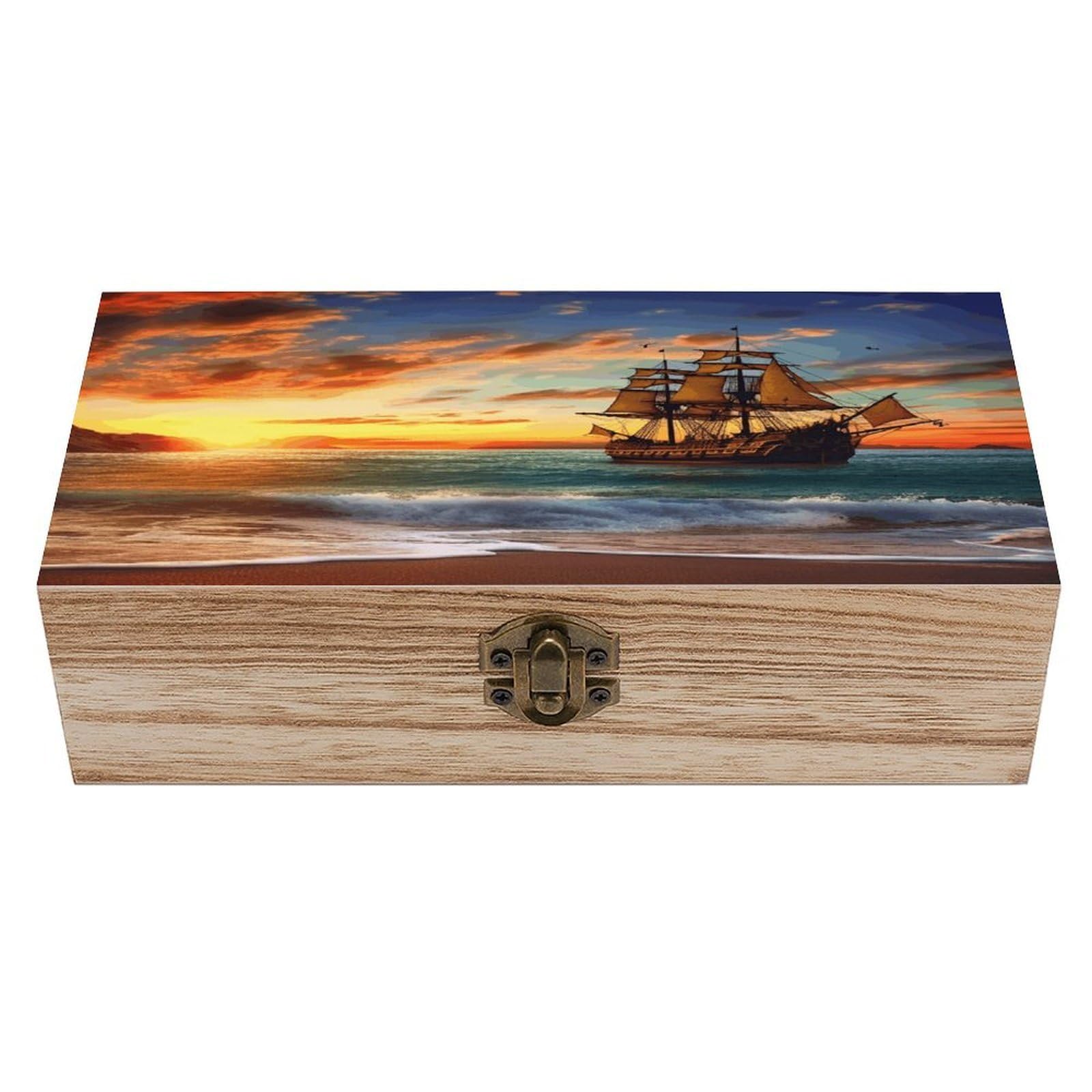 VstaDank Pirate Ship in The Sunset Wooden Storage Box with Hinged Lid Natural Wooden Box Beautifully Keepsake Boxes Vintage Wood Boxes Jewelry Organizer Trinket Storage Chest Unique Gift