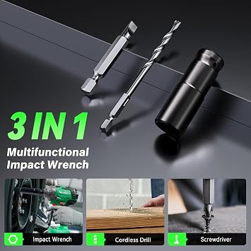 Brushless Cordless Impact Wrench, 550N.m (400 ft-lbs) 1/2 Impact Gun, 2-in-1 Power Drill Combo Kit with 1Battery, 3-Speed & 4 Sockets and Adapter for Car Tires, Home DIY Tool