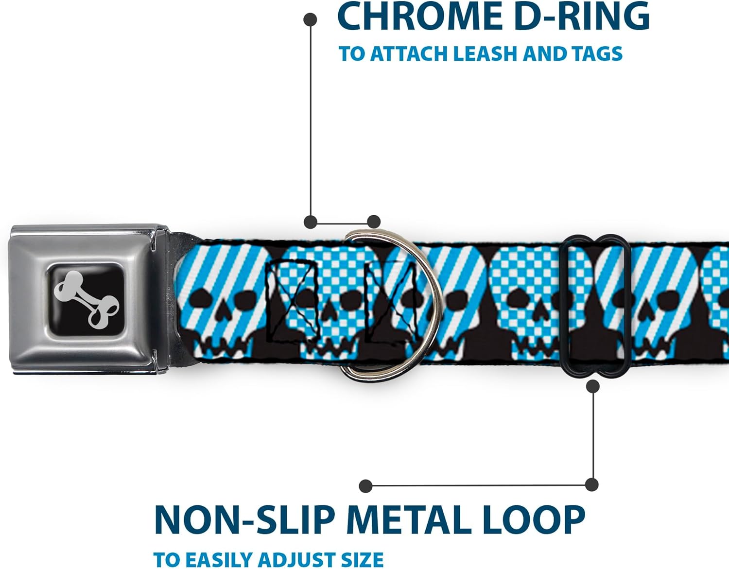 Buckle-Down Seatbelt Buckle Dog Collar - Checker & Stripe Skulls Black/White/Baby Blue - 1" Wide - Fits 15-26" Neck - Large