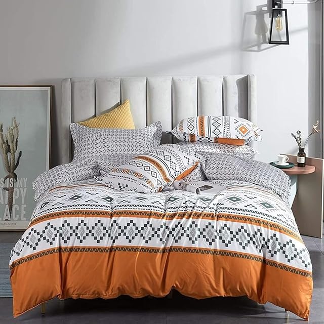 ESPFHN 3Pcs Double Duvet Cover Sets Geometric Duvet Cover Bohemian Bedding Double Set Abstract Orange & White Quilt Cover with Zipper Closure & Corner Ties(1 Duvet Cover + 2 Pillowcases) 200X200cm
