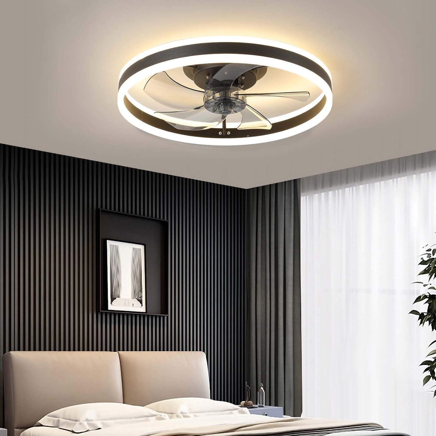Modern Round Black Fan Light Dimmable Flush Mount Ceiling Fan Lamp Dimmable Bladeless Ceiling Fans with Remote Control Smart 3 Colors 6 Speeds Reversible by App Remote Control for Bedroom