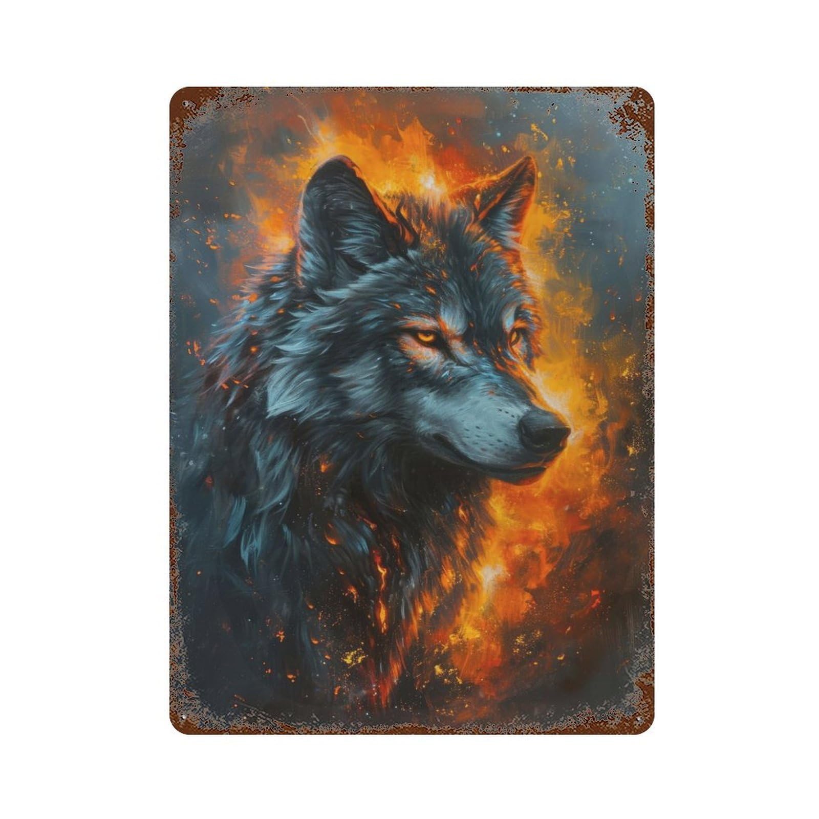 Majestic Gray Wolf 15.7"x11.8" Aged Metal Wall Plaque, Classic Wall Plaque for Basement, Hobby Room And Garage Decor