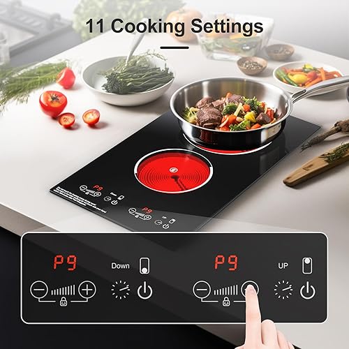 Miniatura 5 de Placa de cocina eléctrica, quemador eléctrico de 2 quemadores integrados y encimera para cocinar, estufa de 2400 W 110 V, 11 ajustes de potencia,