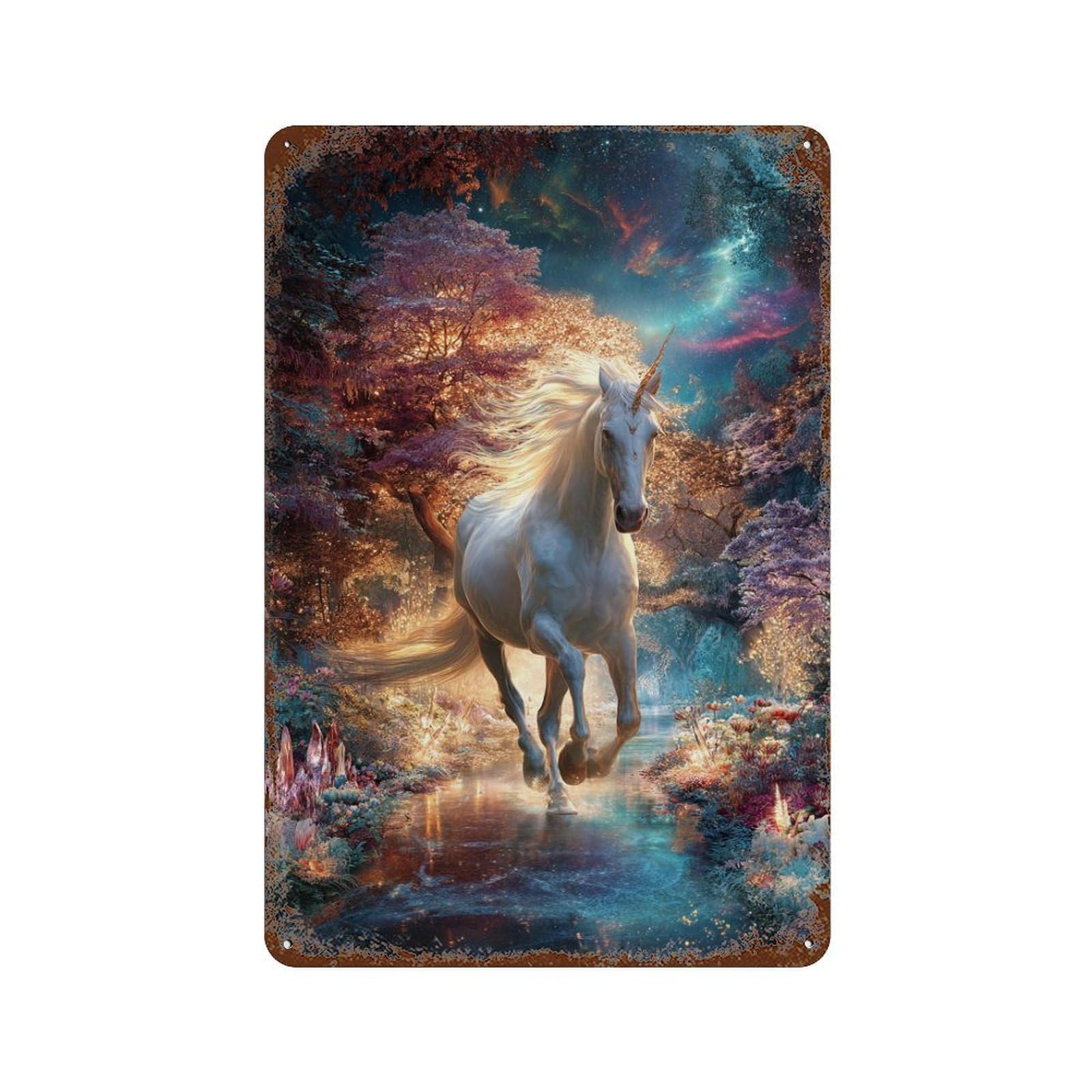 Retro Metal Sign with Enchanted Unicorn Forest Design 11.8"x7.9", for Shed, Workshop And Garage Wall Decor, Old School Wall Decor