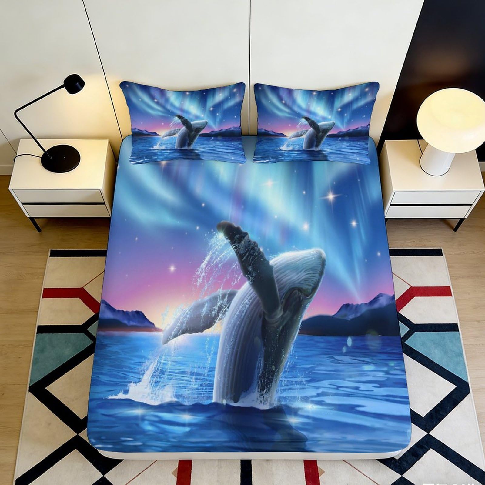 3D Printed Aurora Whale Fitted Sheet Microfiber Soft Mattress Cover Ocean Sunset Bedroom Decor 90x200x25cm