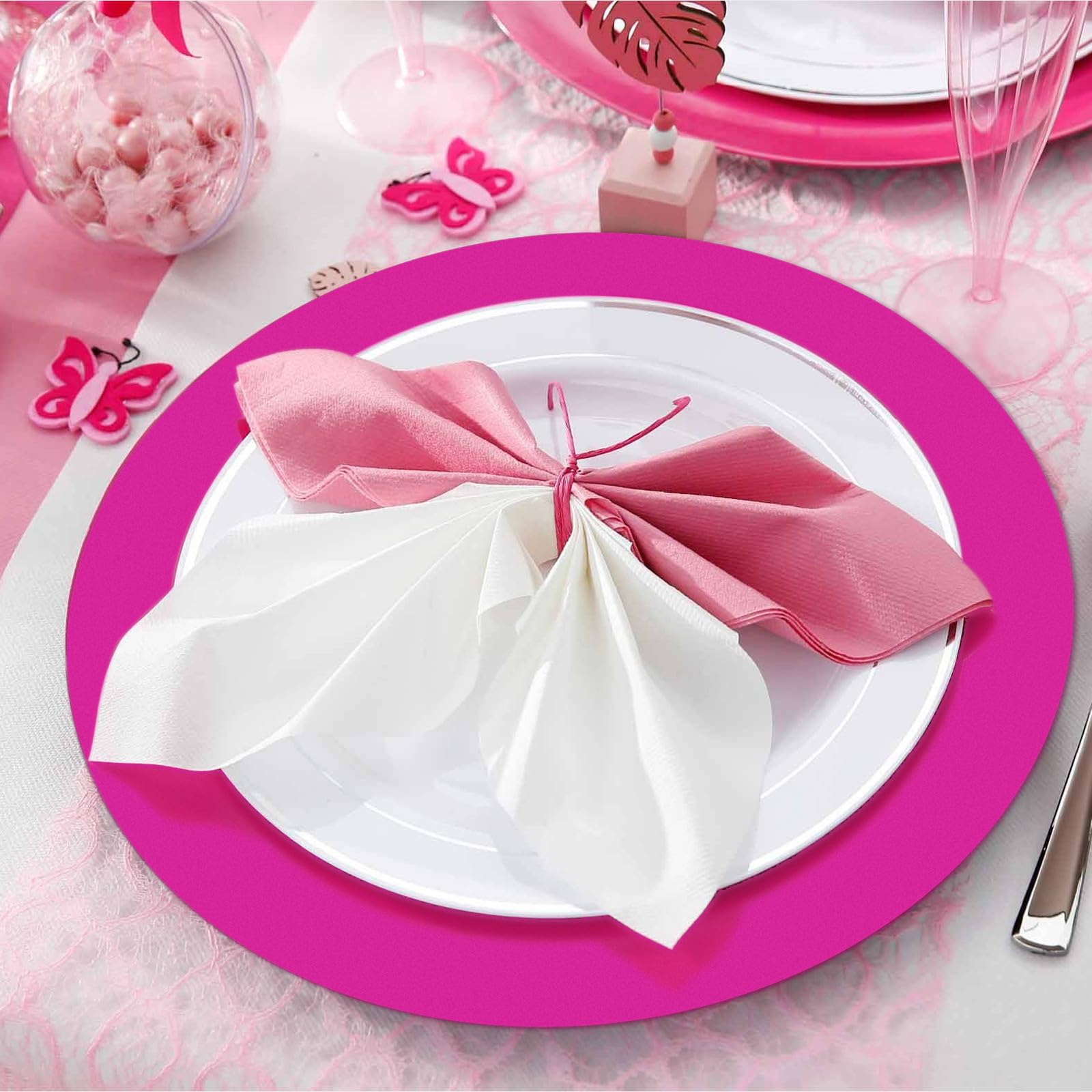 50 manteles individuales redondos desechables de papel rosa intenso, manteles individuales decorativos para boda, despedida de soltera, fiesta de cumpleaños, decoración de comedor