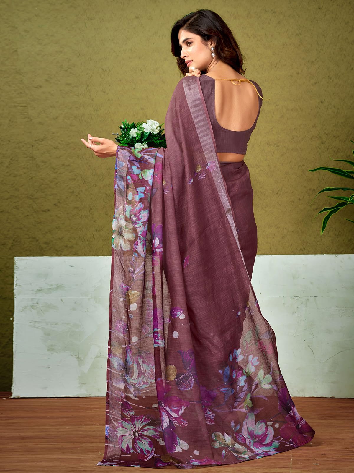 Satrani Women's Linen Zari Border Printed Ready To Wear One Minute Pre Pleated Readymade Saree With Unstitched Blouse Piece (34Rs321N_Chestnut Brown)