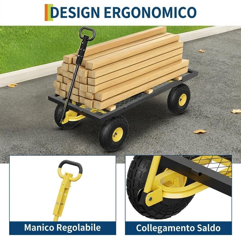 GarveeHome Carrello da giardino robusto 900 kg in acciaio – Sponde rimovibili – Ruote pneumatiche 10'' – Pianale trasformabile – Manico regolabile – Per giardino, prato, fattoria, magazzino