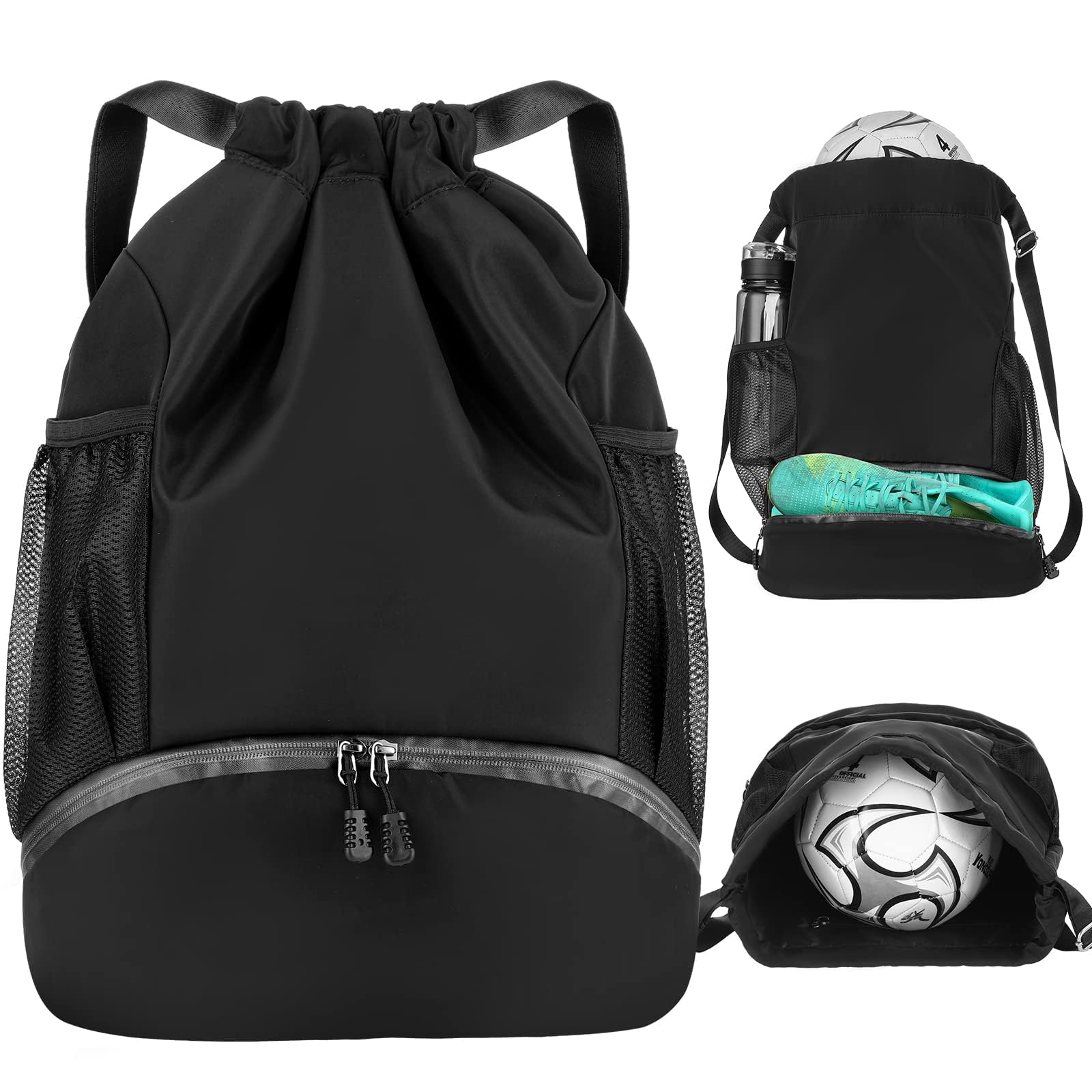 Joyzzz Drawstring Backpack, Dry Wet Separation Storage Bag Backpack, Gym Drawstring Backpack with Shoe Compartment and Ball Compartment, Soccer Bag Sports Football Backpack for Men Women