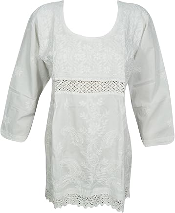 Womens Peasant Tunic Pure Cotton Floral Embroidery Top Blouse