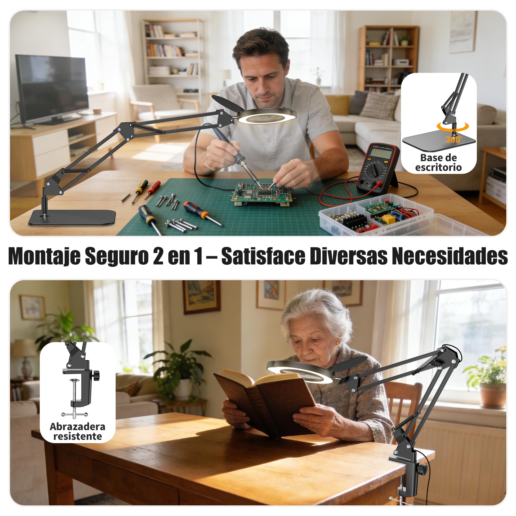 15X 10X Lupas de Gran Aumento con Luz, Lupa con Luz Soporte y Abrazadera, Lupa con Luz mit 84 Led, 5 Modos de Color y 9 Niveles de Brillo para Manualidades Leer Libros Coser Cuentahilos