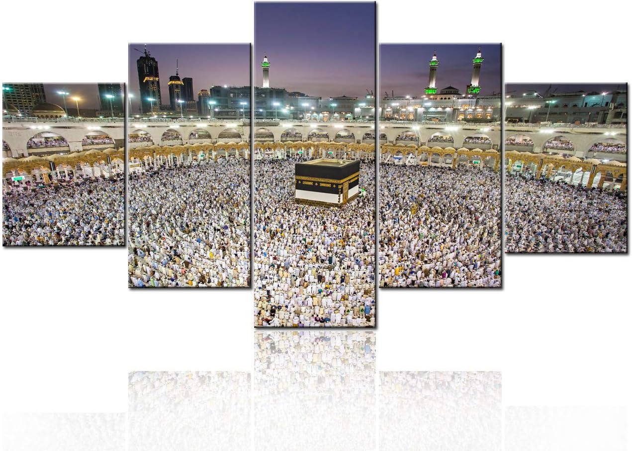 Religious Wall Picture Saudi Arabia Landscape Mecca Islamic Muslim Pilgrims Praying Painting on Canvas Quran Painting Contemporary Artwork for Home Decor Framed Ready to Hang Gifts(60Wx32H inches) 60''Wx32''H Artwork-07