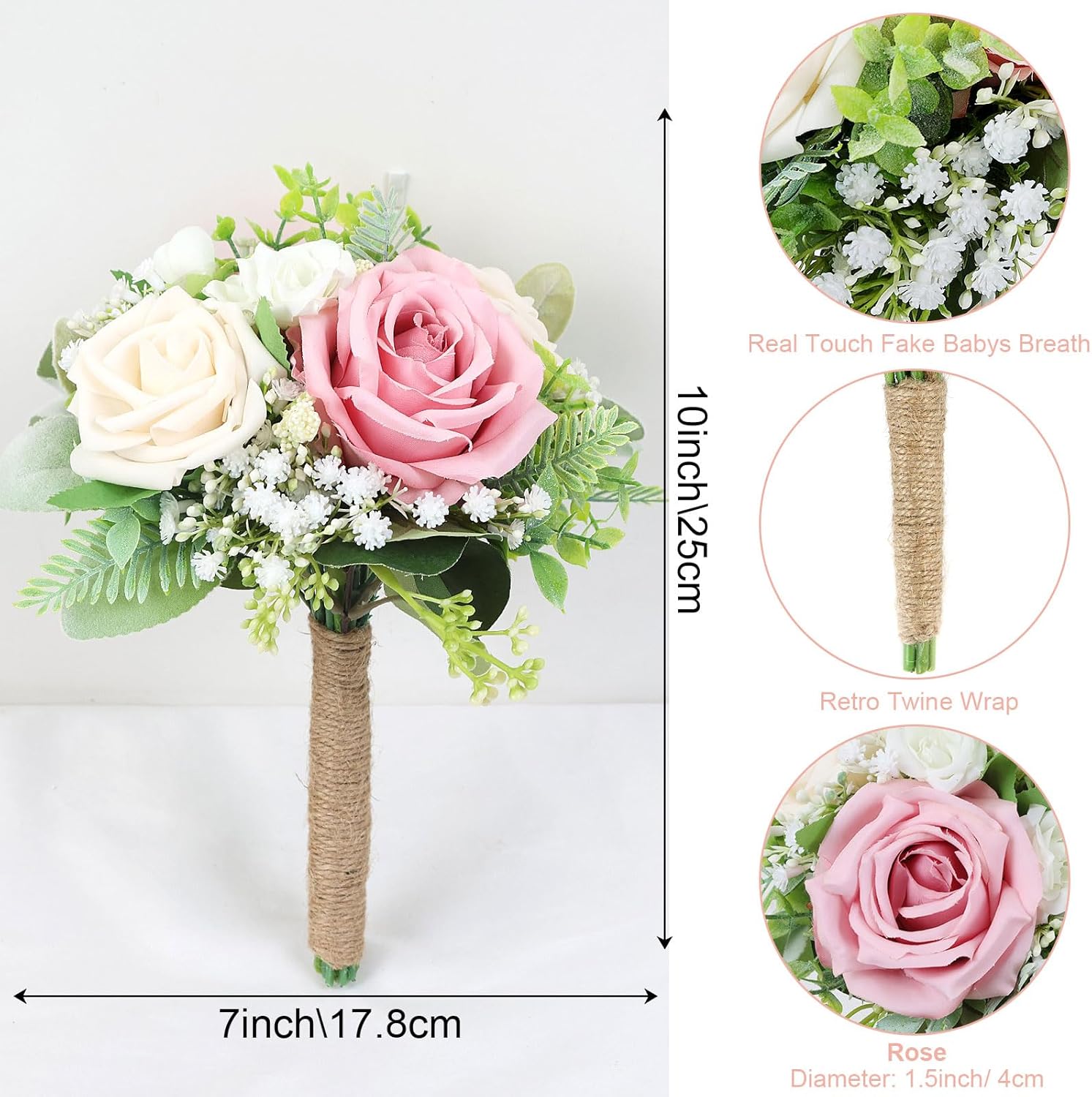 Pink Bridesmaids Bouquets Set of 6 - 7 Inch Artificial Flowers Bridesmaid Bouquet for Wedding Pre-Made Rustic Rose Small Floral Bouquets for Bridal Shower Marriage Proposal Party Anniversary Decor - Image 4