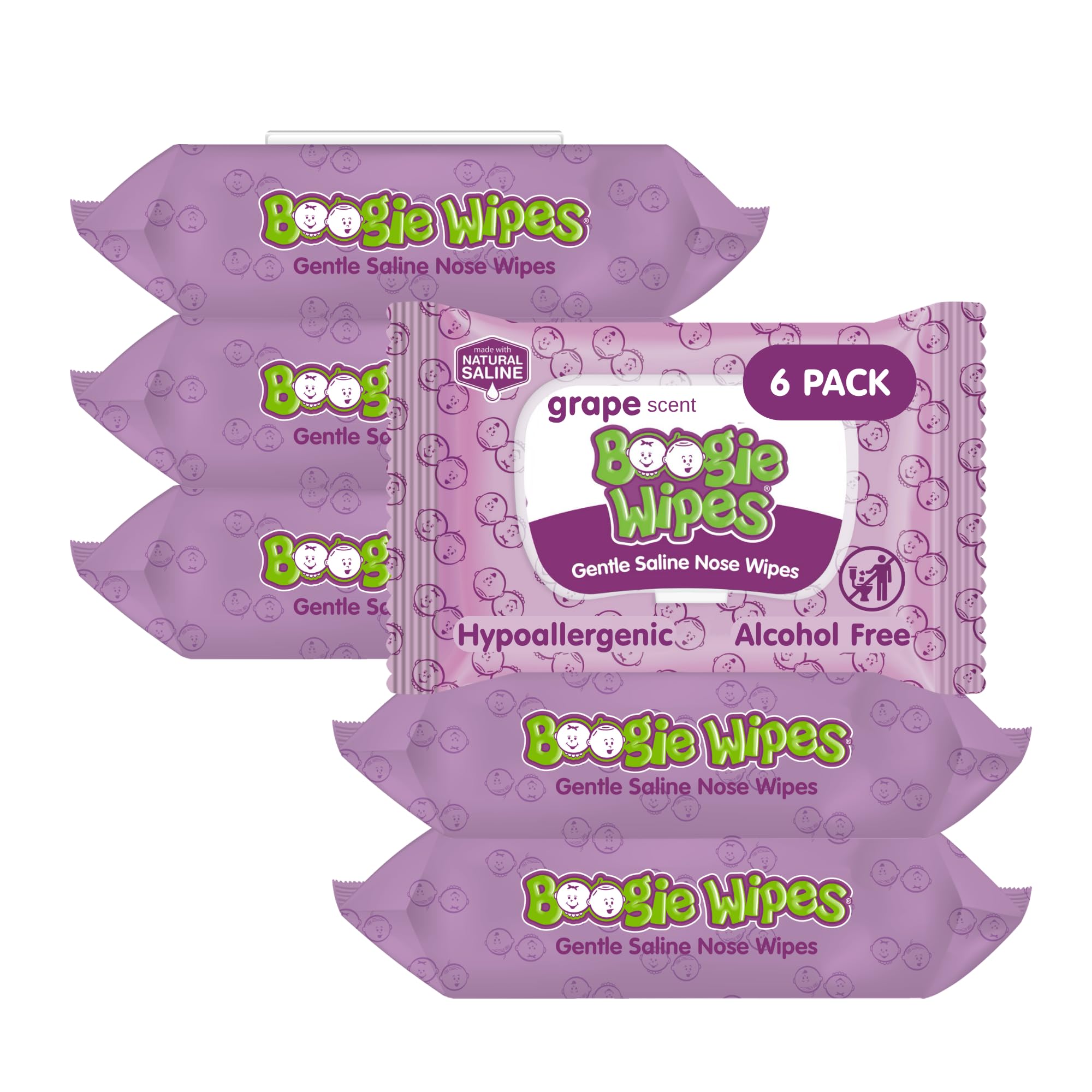Boogie Wipes Natural Saline Kids and Baby Nose Wipes for Cold and Flu, Grape Scent, 30 Count (Pack of 6)