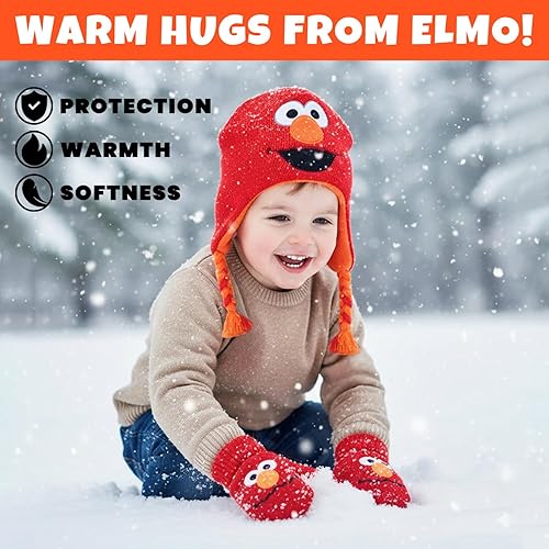 Miniatura 7 de Sesame Street Conjunto de 2 pares de guantes y sombrero Elmo para clima frío (2-4), Conjunto Manoplas Elmo RojoNaranja