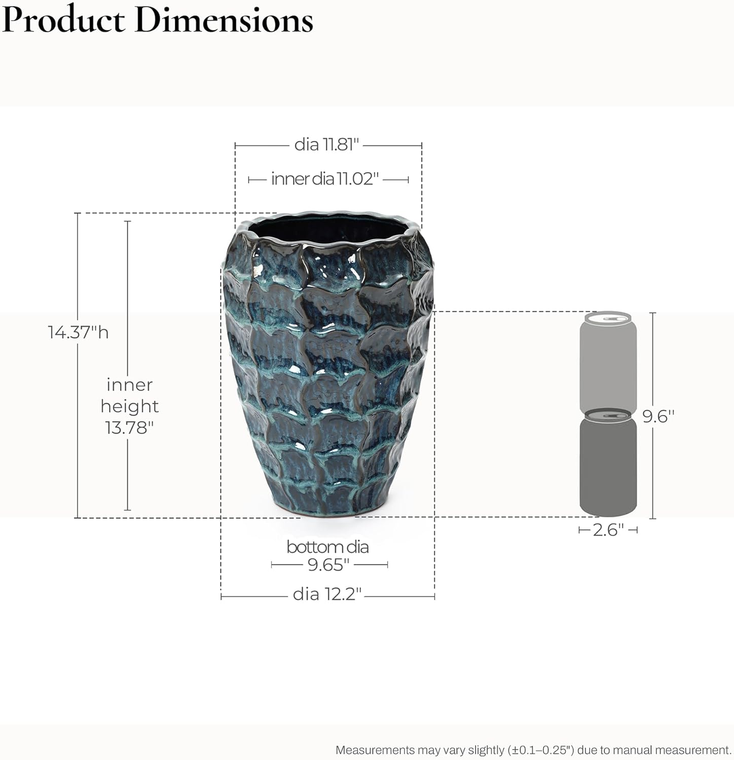 LuxenHome 14" Tall Ceramic Planter Pot for Indoor Outdoor Plants with Geometric Texture, Large Garden Plant Pots with Drainage Hole, Blue