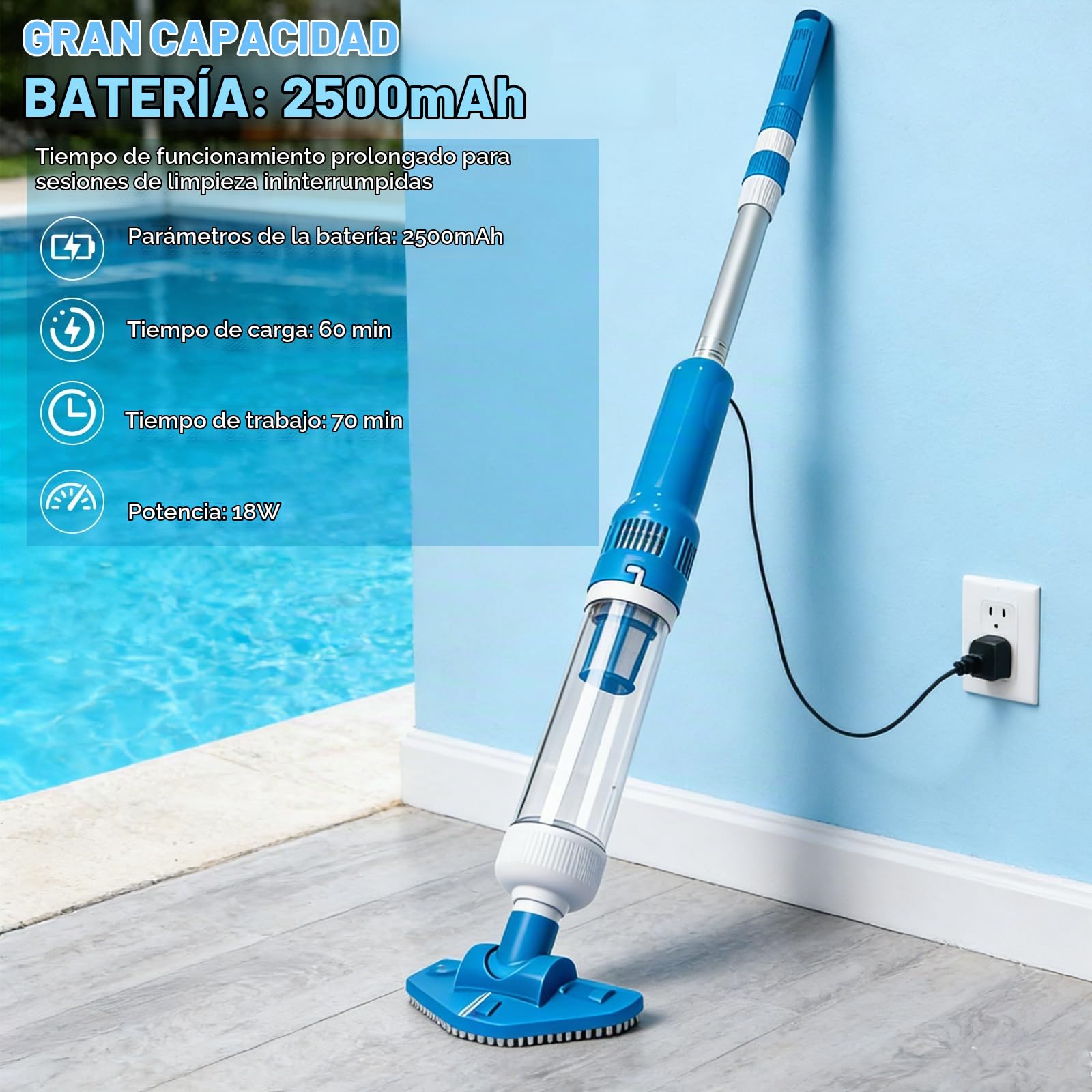 Bostar 2026 Nuevo 35L/min Aspirador Piscina con Mango Telescópico, 3 en 1 Caudal de Succión Limpiafondos de Piscina a Bateria Inalámbrica para Piscina Pequeñas SPA