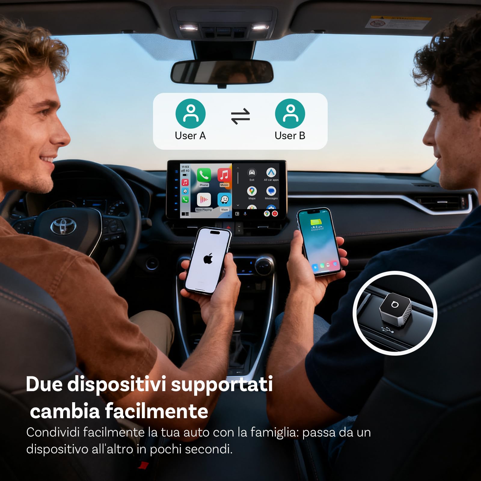 OTTOCAST Mini Pot 2025, Adattatore Wireless 2 in 1 per CarPlay e Android Auto, Compatibile con iOS 10+/Android 11+ e Auto dal 2016 in Poi, Plug & Play, USB-A/Type-C, Aggiornamento OTA, Argento