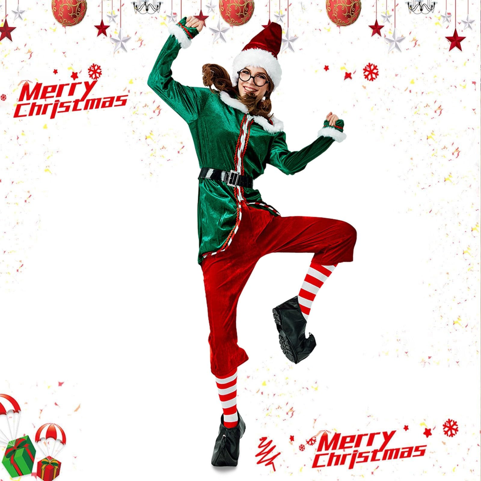 Générique Costume De Lutin Noël Pour Femme Et Homme Deguisement Noel Vêtements D'Elfe Fête Costumes Vert Robe Soirée Velours Fourrure Ensemble Chapeau Chemise Pantalon