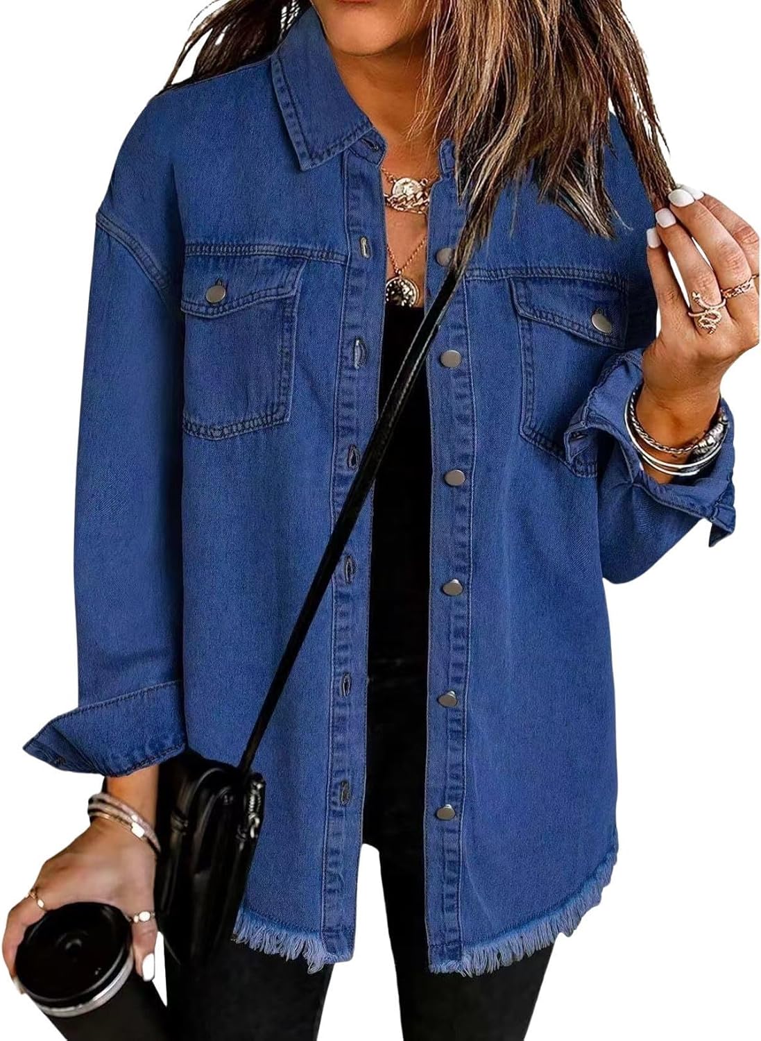 HOTYD Women's Vintage Washed Jean Jacket Casual Denim Button Down Distressed Jacket Frayed Hem Shirt Jackets Fall Outfits