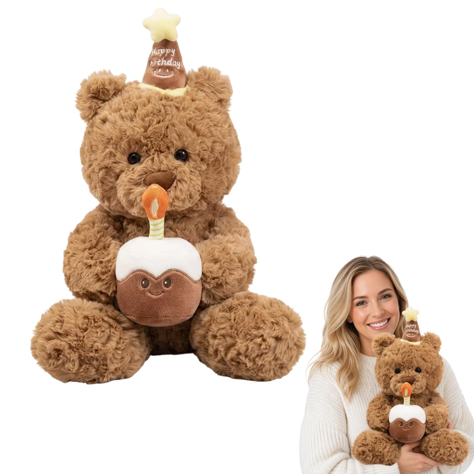 WsiQxuc Cake Teddy Bear, Personalised Birthday Teddy Bear, Happy Birthday Teddy Plush Toy, Medium Size Soft Stuffed Animal for Women, Ideal for Romantic Gifts and Office Decor