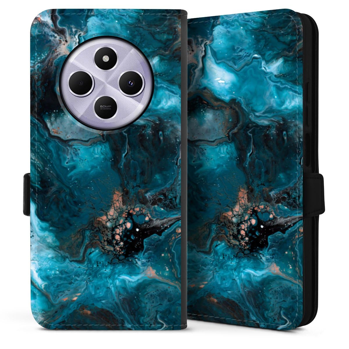 DeinDesign Etui Compatible avec Xiaomi Redmi 14C Etui Folio Etui magnetique Marbre Mer Bleu