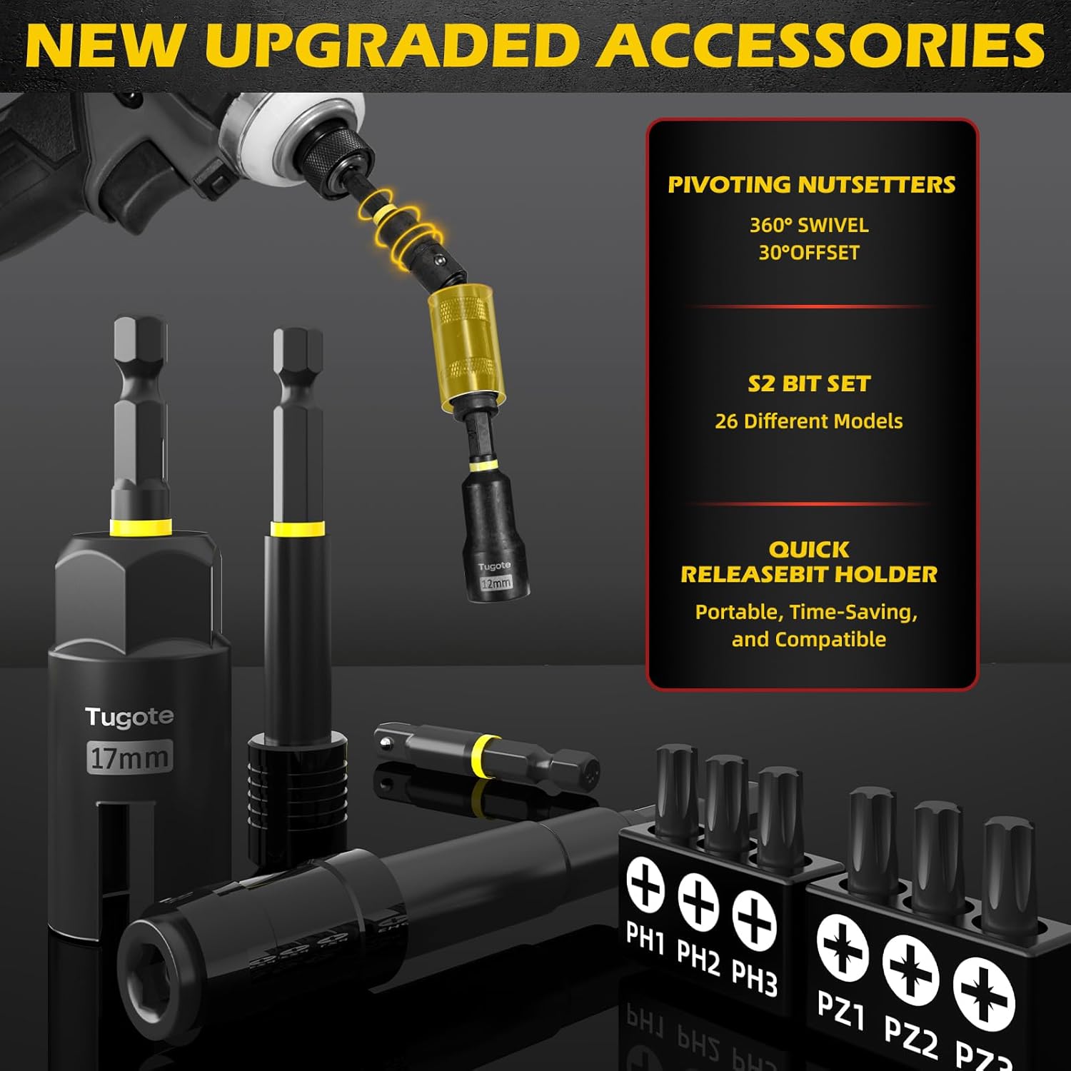 61PCS Impact Nut Driver Set - Metric & SAE Magnetic Deep Socket Adapters with 1/4" Quick Change Bit Extension S2 Steel Bits for Drill Pivoting Nutsetter Upgraded Box