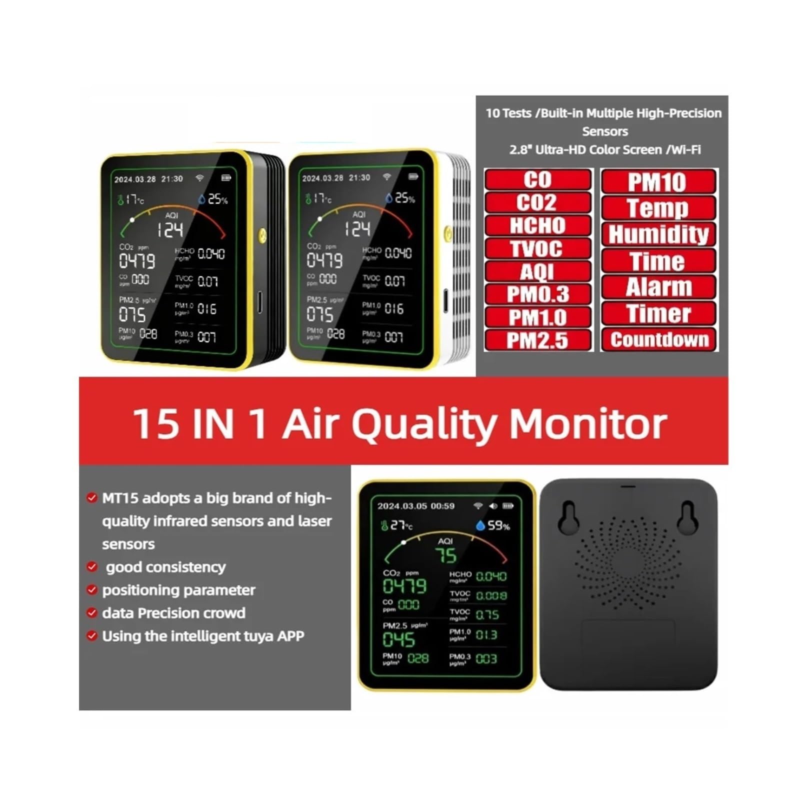 Monitor de calidad del aire, Monitor De Calidad Del Aire WiFi 15 En 1, Detector Gas, Medidor Sensor CO2 PM2.5 Recargable Por USB(MT15 Plus detector B)