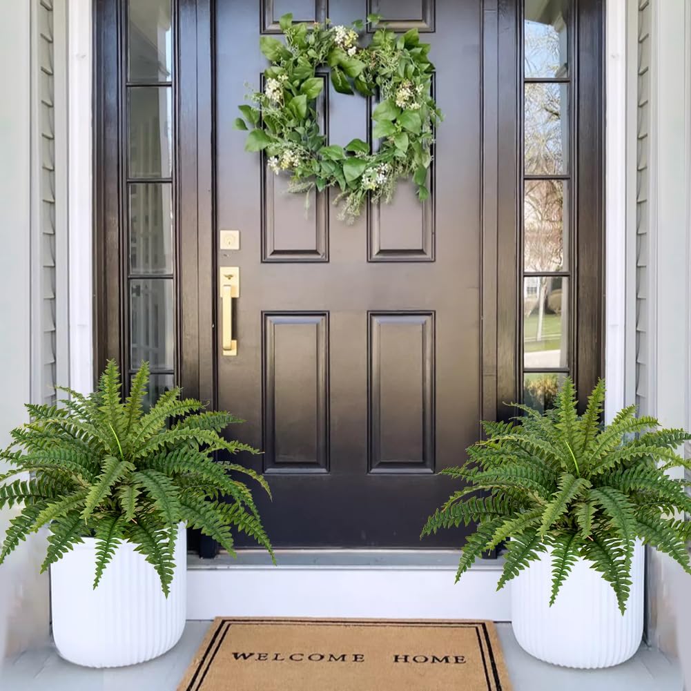 Ferns Artificial Plants Set of 2 Large Faux Ferns for Outdoor Planter 23.6" Dia. Realistic Potted | Hanging Boston Fern | Fake Shrubs for Home Garden Porch Farmhouse Decor