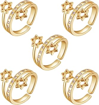 Ornaland CZ Adjustable Open Ring for Women 18K Gold Plated Star of David Finger Ring Jewelry16.9mm