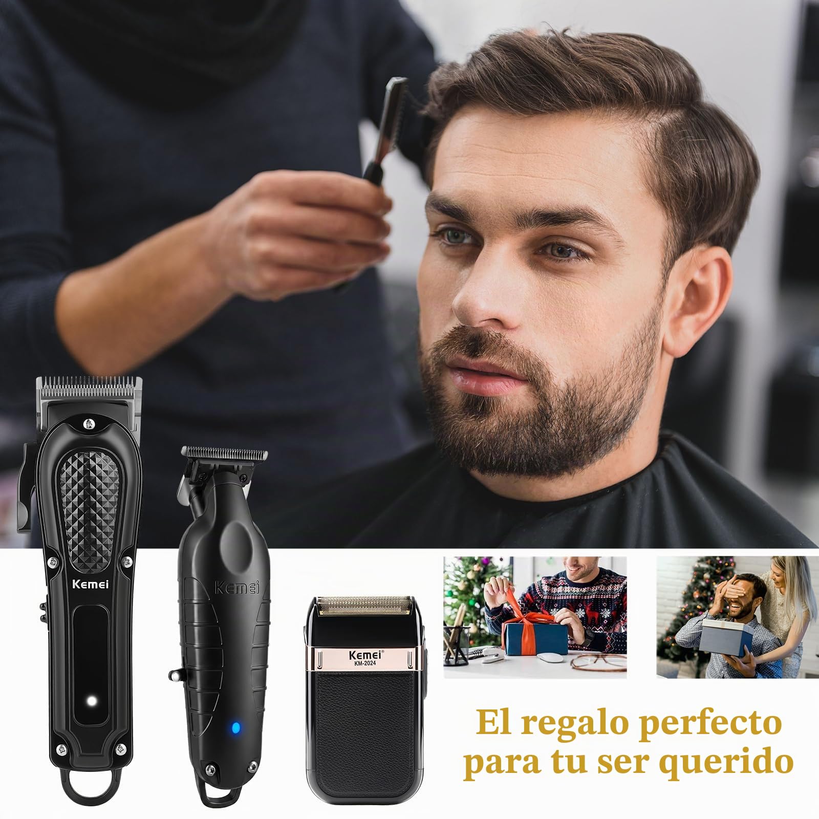 KEMEI Kit Barbería Profesional 3 en 1, Maquina de Cortar Pelo Hombre | Recortadora de Barba Inalámbrico, Afeitadora Eléctrica de Láminas, Carga USB, Cuchillas de Acero, 1071+PG2299+2024