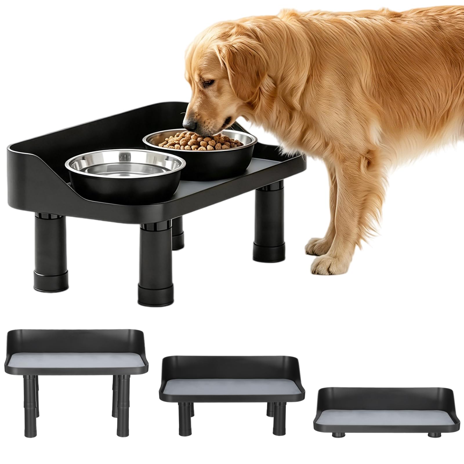 Comedero para perros elevado, barra de alimentación ajustable con protección contra salpicaduras, alfombrilla de silicona, pies antideslizantes, plataforma para comida y agua para perros y gatos