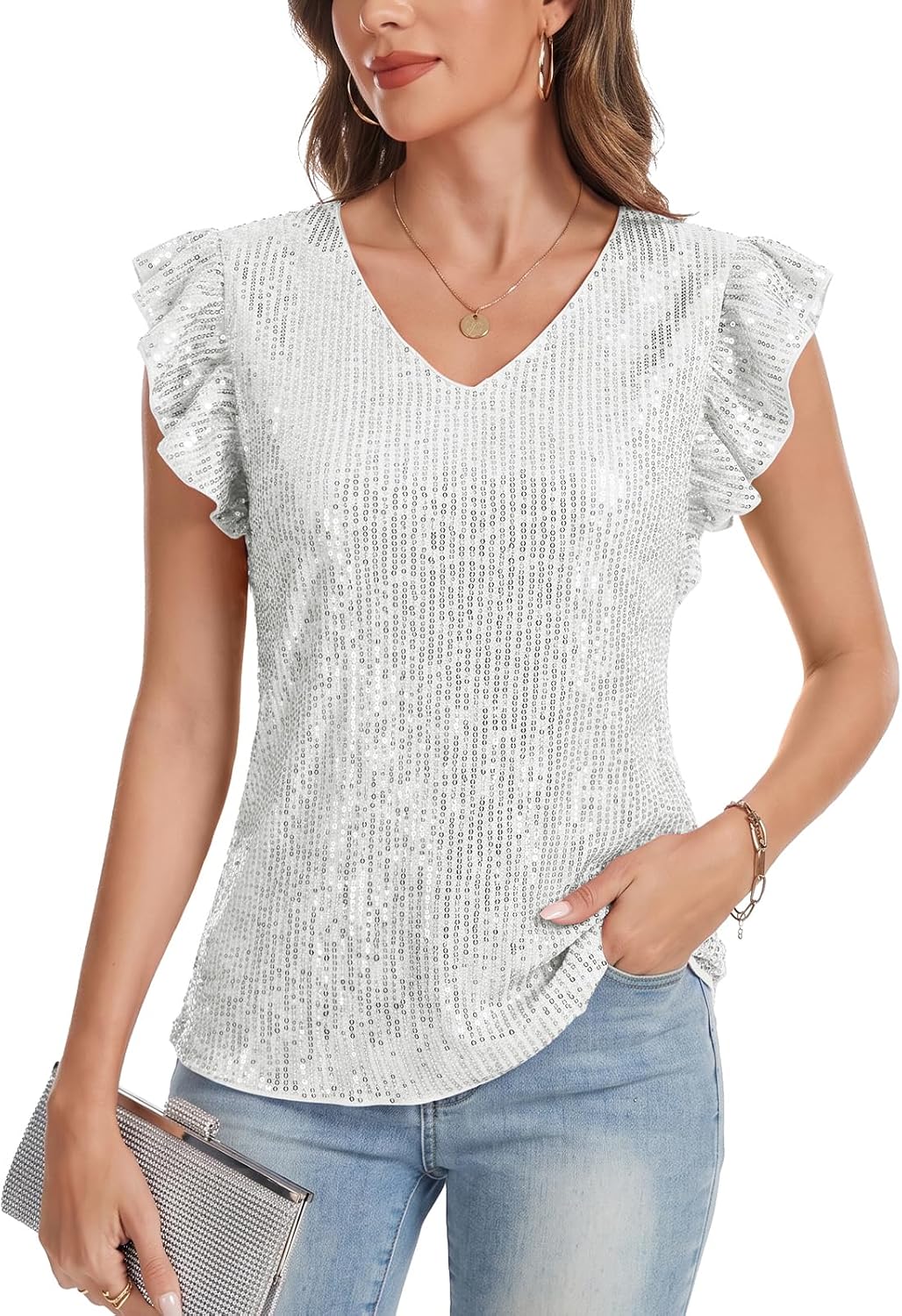 MINTLIMIT Sequin Top for Women Night Out V Neck Cap Sleeve Sparkly Shirts