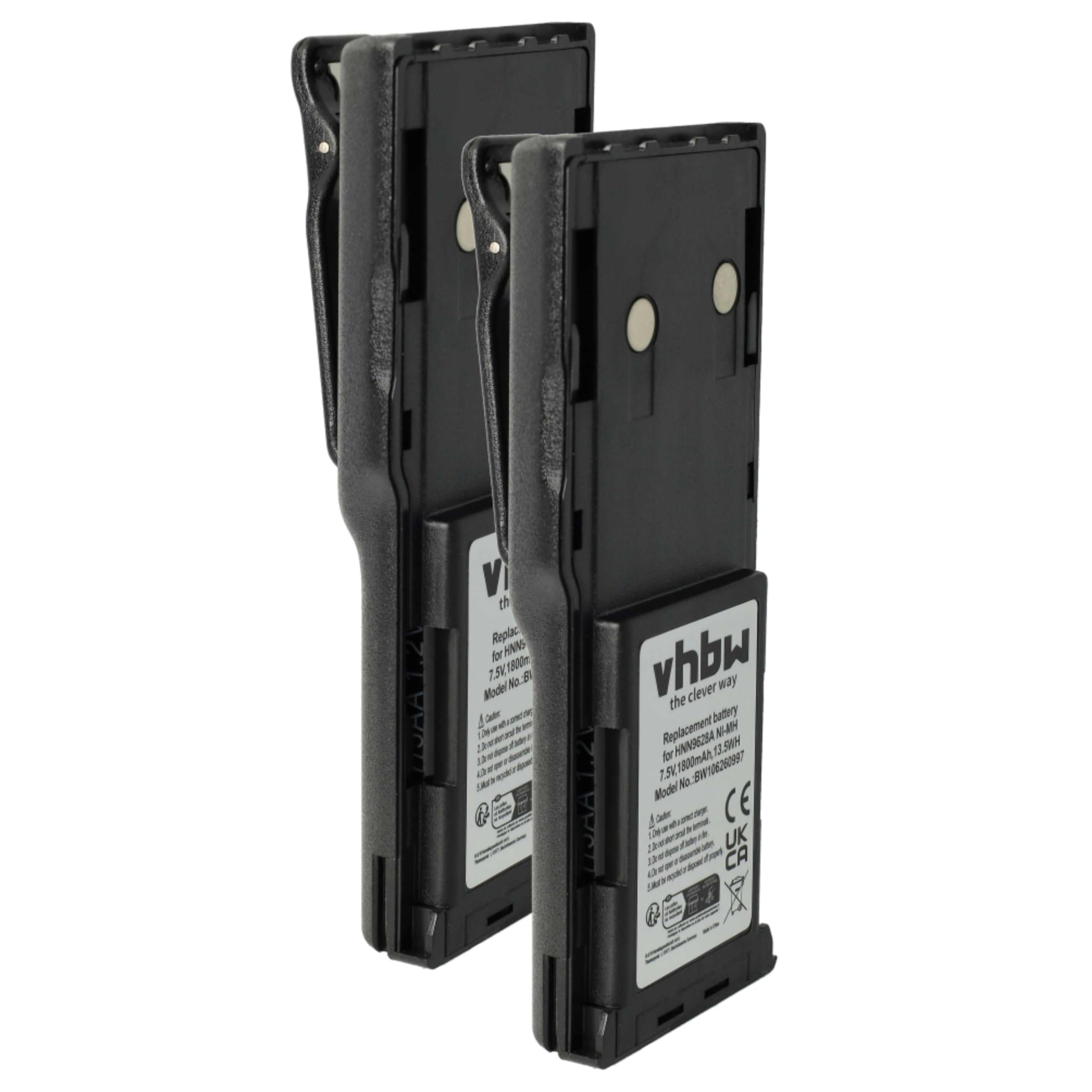 vhbw 2x Battery compatible with Motorola CP450, GP300, GP308, CP450LS, CP250 Radio, Walkie-Talkie (1800 mAh, 7.5 V, NiMH) + Belt Clip