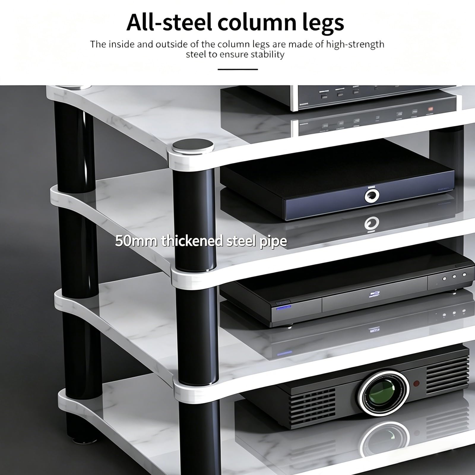 Soporte estéreo blanco de 2 niveles para reproductor de grabaciones, centro de entretenimiento con estantes, soporte multimedia AV y estante de DVD para cine en casa