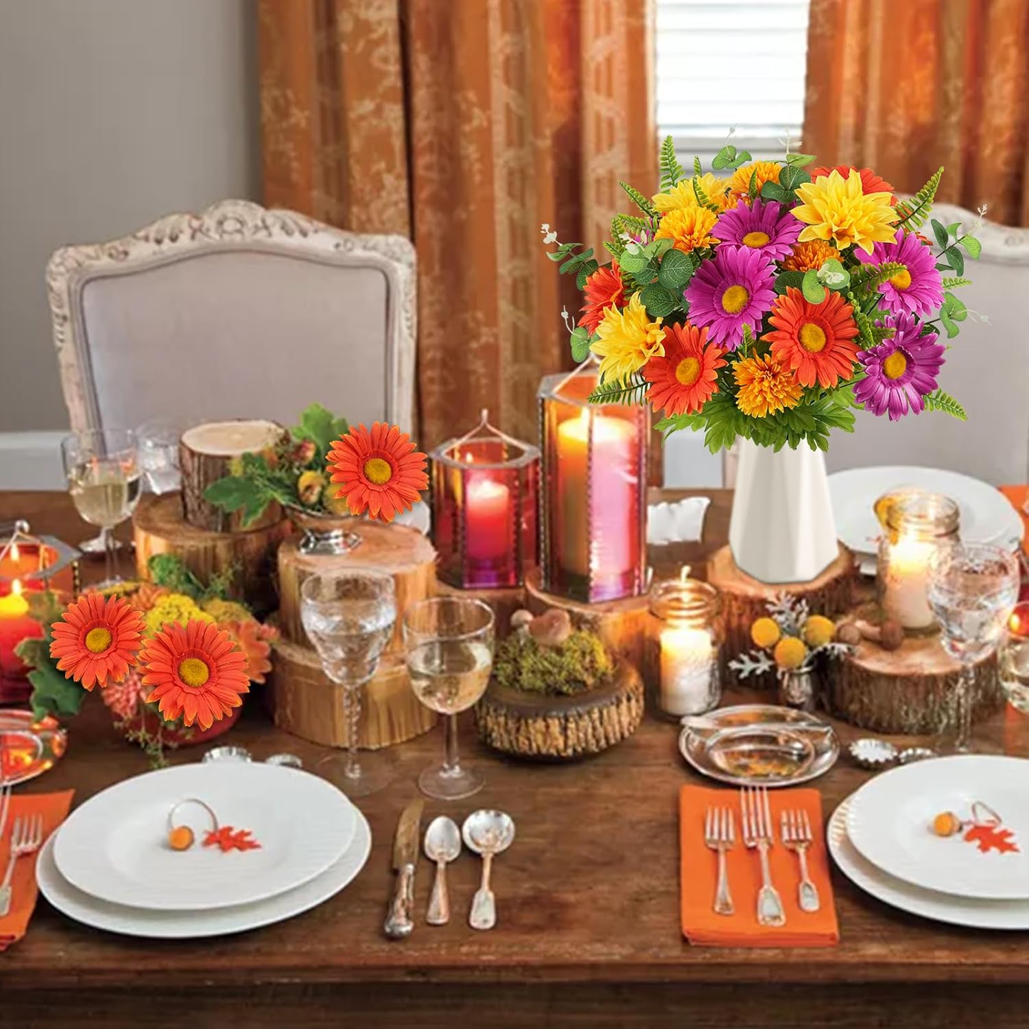 2 Bundles Artificial Flowers for Cemetery Faux Gerbera Daisies Bouquets Fake Silk Flowers Arrangements for Outdoor Decorations Memorial Grave Home Table Vase Wedding Party Indoor (15.74'')