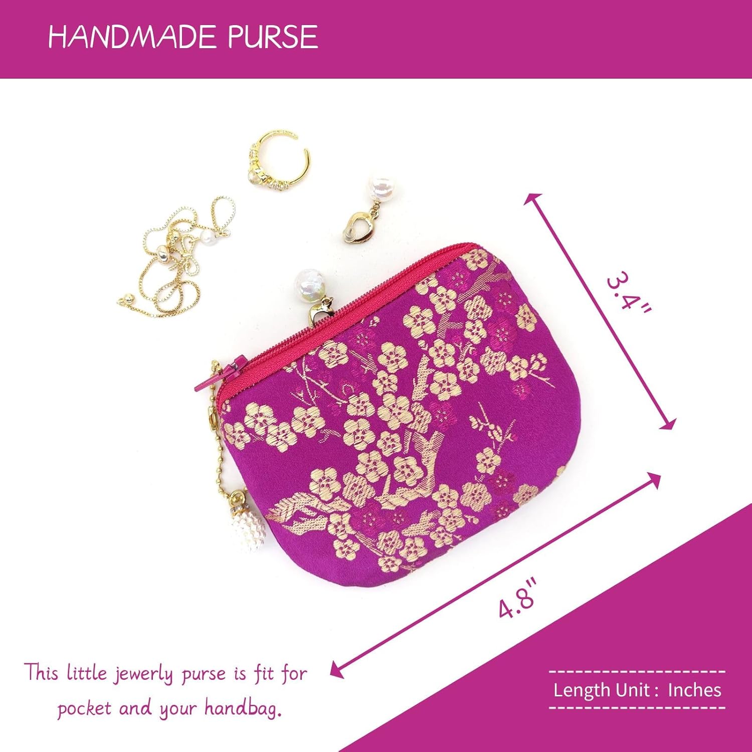 Handmade Women Coin Purse Brocade Rosary Bag Silk Jewelry Pouch Zipper Wallet - Magenta - Image 2