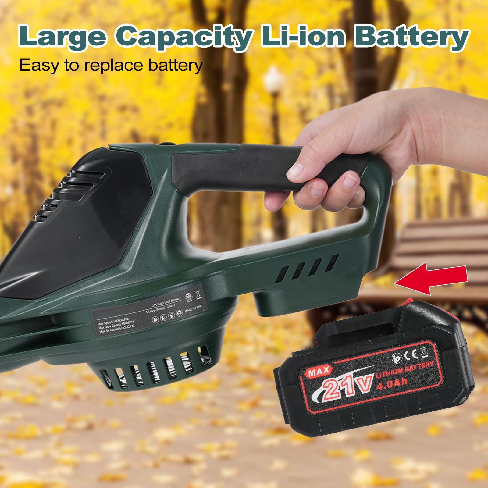 Soffiatore per foglie 120CFM/100MPH Soffiatore per foglie elettrico 21V Alimentato a batteria 5 modalità di velocità Adatto per la cura del prato Pulizia del garage del marciapiede del cortile